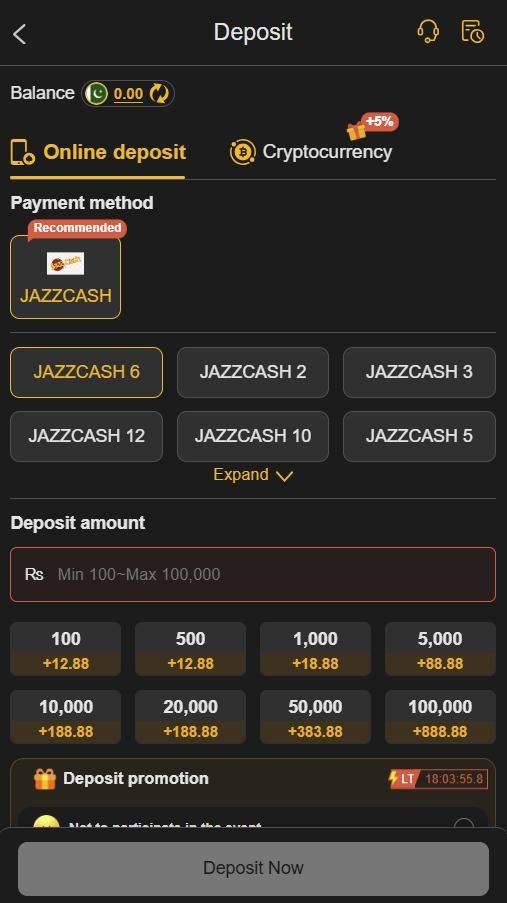 188PKR deposit screen showing JazzCash channels, the crypto tab and amount tiles from 100 to 100,000 rupees