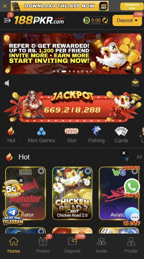 188PKR home lobby showing the referral banner, jackpot counter, category row and Hot games