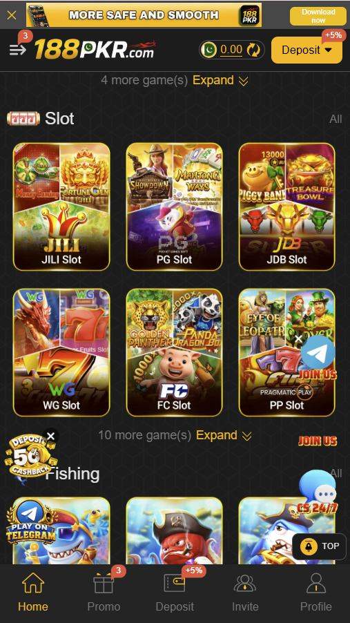 188PKR slot section showing JILI, PG, JDB, WG, FC and Pragmatic Play provider tiles